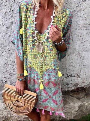 Boho Style V-Neck Print Fringed Dress (Green) (S-XXXL)