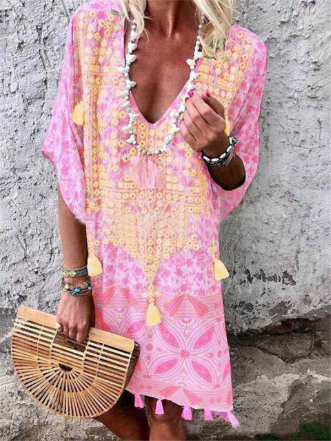 Boho Style V-Neck Print Fringed Dress (Pink) (S-XXXL)
