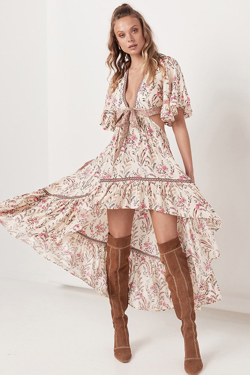 Sexy Boho High-Low Dress with V-Neck