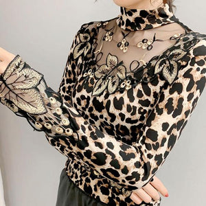 Leopard Print Leaf Embroidery Sheer Blouse (M-4XL)