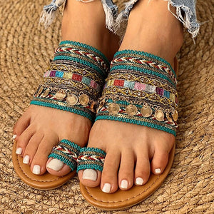 Boho Flat Slip-on Sandals (Green)